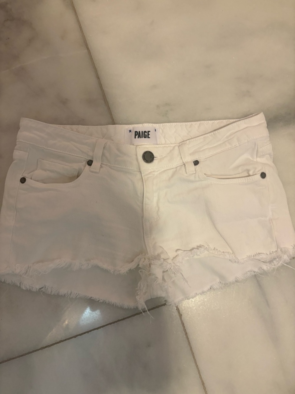 PAIGE White Frayed Hem Denim Cutoff Shorts